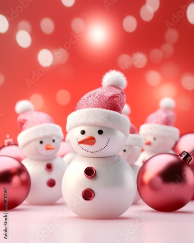 Snowmen and Christmass decoration balls. Blurred snowflakes falling in background
