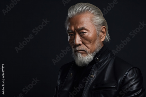 Serious middle-aged asian man with black background with copy space