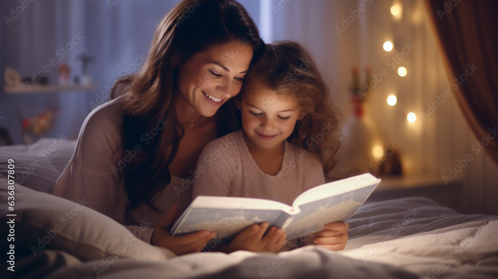 A beautiful scene where a mother reads a storybook to her daughter before going to bed in her bedroom A beautiful scene where a mother reads a storybook to her daughter before going to bed in her bedroom