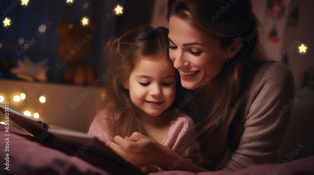 A beautiful scene where a mother reads a storybook to her daughter before going to bed in her bedroom A beautiful scene where a mother reads a storybook to her daughter before going to bed in her bedroom