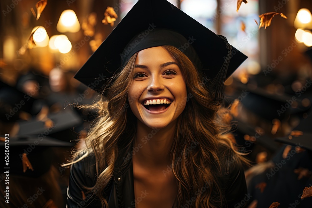 Obraz premium Caps take flight against a backdrop of accomplishment and cheers, capturing the vibrancy and emotion of a graduation ceremony's exhilarating climax