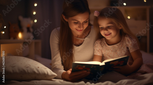 A beautiful scene where a mother reads a storybook to her daughter before going to bed in her bedroom
