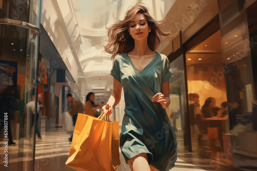 Happy young girl in green dress holding shopping bags in a mall