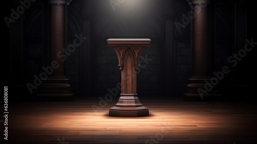 Fotografia 3D illustration of gothic interior with wooden pedestal for product display