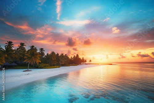 Turquoise sea on palm trees on the tropical beach and the right summer sunshine on travel or vacation. Travel concept for holidays and vacations.