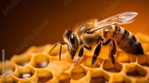Photo of a bee on a honeycomb, capturing the intricate details of nature's work © mattegg