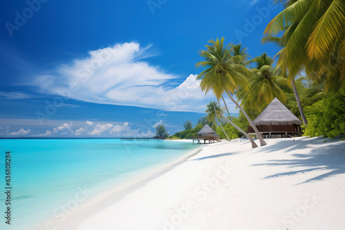 Turquoise sea on palm trees on the tropical beach and the right summer sunshine on travel or vacation. Travel concept for holidays and vacations. © cwa