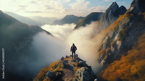 Wanderlust Photo of a man conquering the summit of a mountain, overlooking a sea of clouds