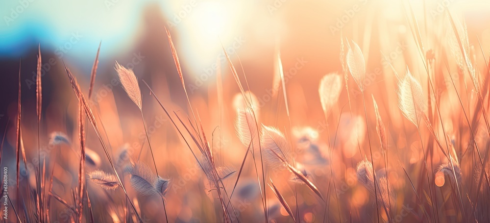 Sun-kissed grass stems in a field during sunset. Concept of natures beauty and tranquil scene. Sun-kissed grass stems in a field during sunset. Concept of natures beauty and tranquil scene.