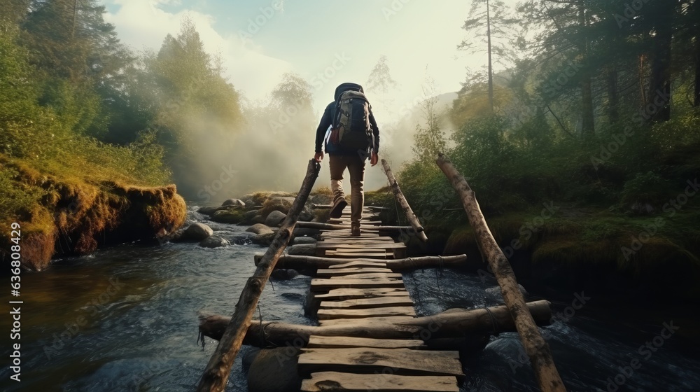 Photo of a man crossing a wooden bridge over a serene river