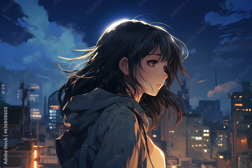 Obraz premium Lonely anime girl looking at the night city.