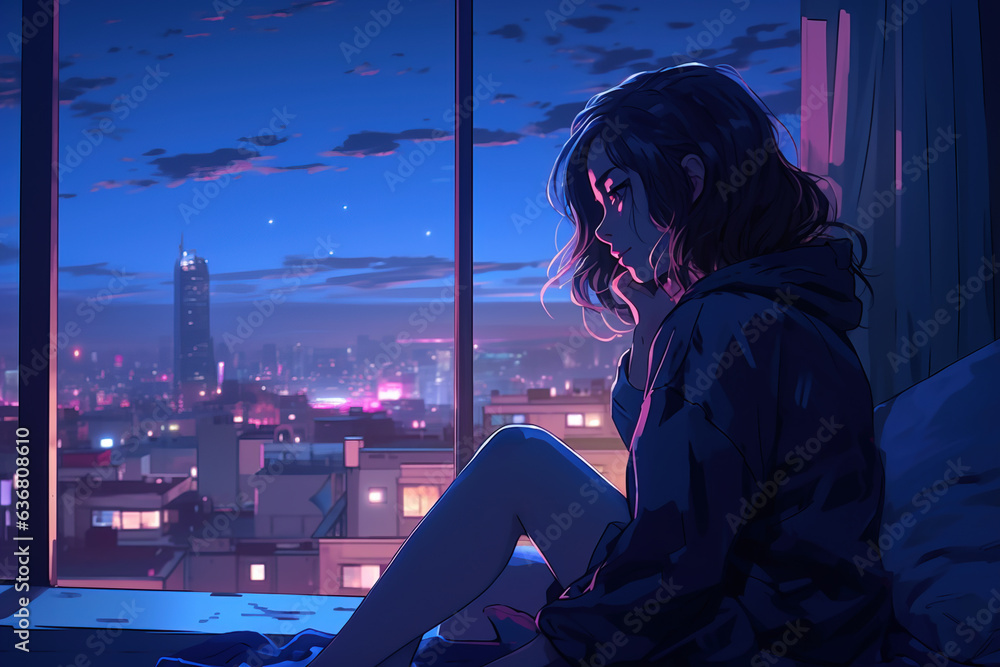 Lonely anime girl sitting on window and looking at the night city. - obrazy, fototapety, plakaty 