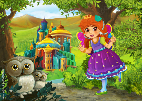 Cartoon scene with owls with beautiful castle near forest - illustration