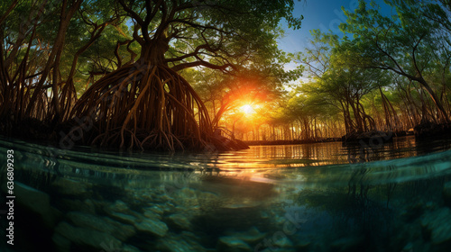 Morning view of quiet mangrove forest trees and small stream