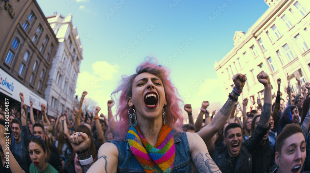 Urban protest of LGBTQ holding rainbow flags, filmed with a wide-angle lens
