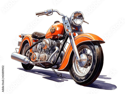 A chopper or bobber type motorcycle using watercolor medium. Isolated on white background.