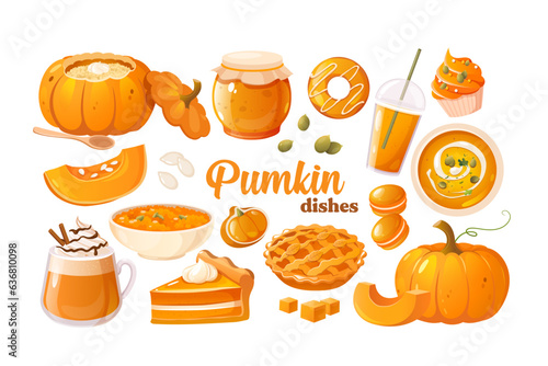 Yummy pumpkin dishes set with pumpkin porridge, latte, jam, pie, soup, donut, muffin, etc. icons