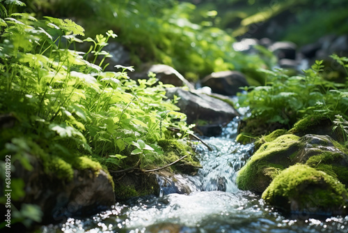 The gentle light of spring illuminates the slowly flowing stream, and the scenery of spring where young grasses and sprouts begin to grow vigorously is an environment suitable for nature and water.