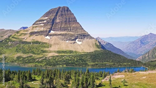 Establishing shot of Hidden Lake and Bearhat Mountain in Glacier National Park, Montana. photo