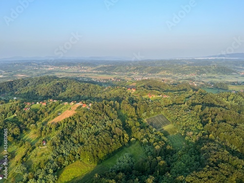 View of forests, fields, villages and Zagorje hills, during a panoramic balloon flight over Croatian Zagorje - Croatia (Panoramski let balonom iznad Hrvatskog zagorja - Hrvatska)