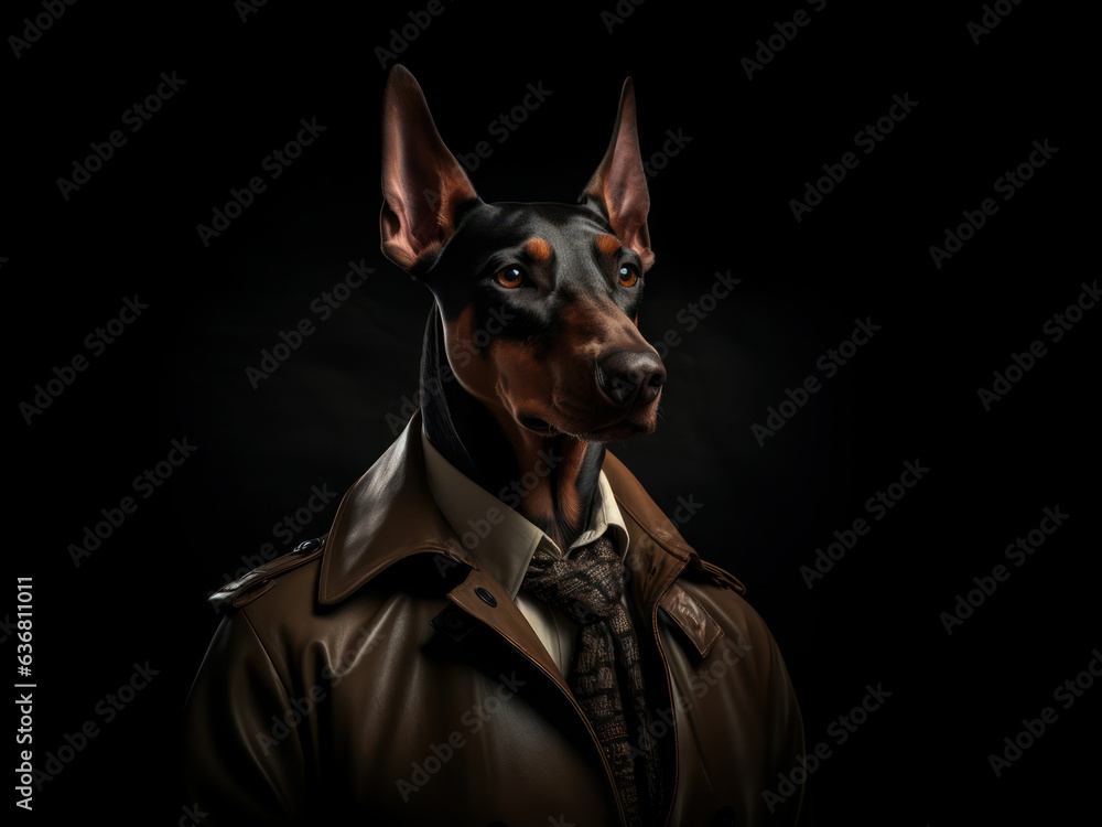 Stylish Doberman in vintage leather coat on black background