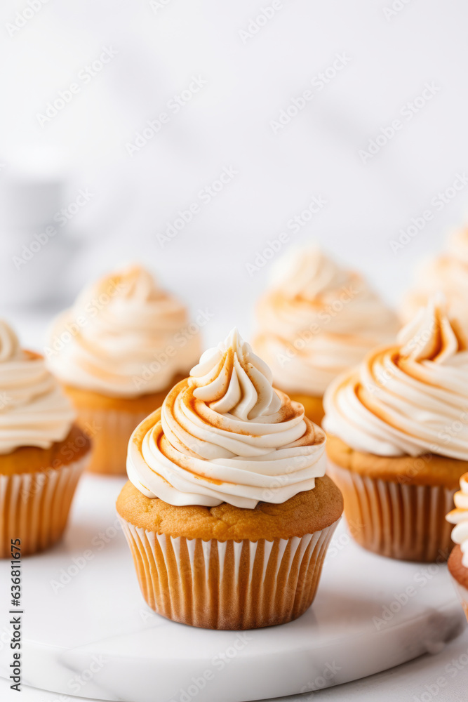 Pumpkin cupcakes on a white table topped with cream cheese frosting and dusted with cinnamon, generative AI Pumpkin cupcakes on a white table topped with cream cheese frosting and dusted with cinnamon, generative AI