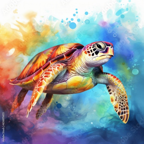 Swimming Sea Turtle with Beautiful Colorful Watercolor-Style Rainbow Background