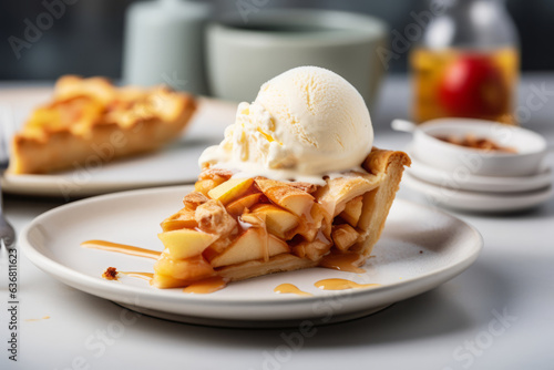 Fototapeta Perfect slice of apple pie with caramel topped with a scoop of vanilla ice cream