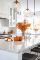 White modern kitchen decorated for fall with orange pumpkins and leaves, generative AI