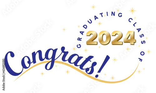 Graduation Banner Congrats Graduating Class of 2024 on Wavy Line and Circle in Blue and Yellow and Gold