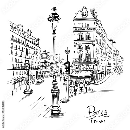 Vector hand drawing. Paris street with traditional houses and lanterns, Paris, France.