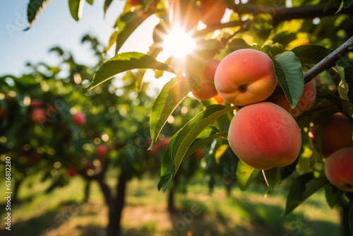Peach tree with ripe peaches outside on sunny day in an orchard, generative AI