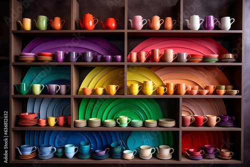 Rainbow colorful cups, mugs and plates arranged and stacked neatly on shelves, generative AI