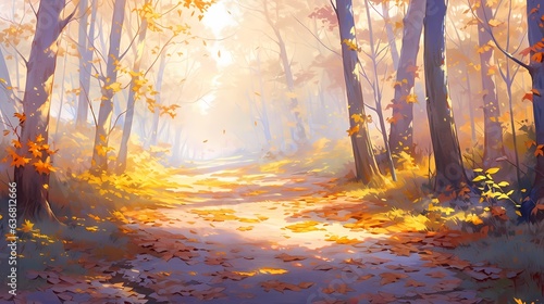 紅葉の背景のイラスト、木々が黄色く色付く秋の山道
