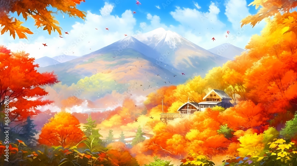 紅葉する山のイラスト、カラフルな秋の風景