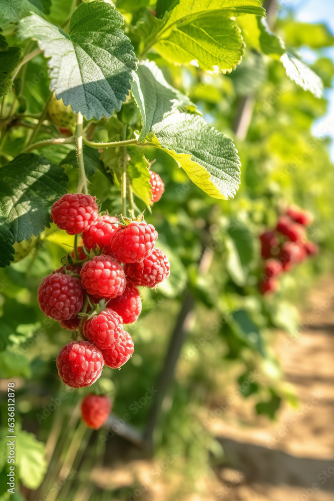 Raspberry plant with ripe red raspberries outside on sunny day in an orchard, generative AI Raspberry plant with ripe red raspberries outside on sunny day in an orchard, generative AI