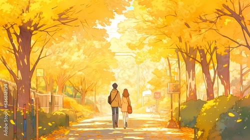 秋のデートのイラスト、イチョウ並木を歩くカップル