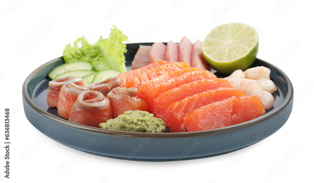 Tasty sashimi set (raw tuna, salmon slices and shrimp) served with cucumber, lettuce, lime and wasabi isolated on white Tasty sashimi set (raw tuna, salmon slices and shrimp) served with cucumber, lettuce, lime and wasabi isolated on white