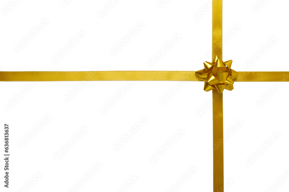 Golden ribbons with bow on white background, top view Golden ribbons with bow on white background, top view