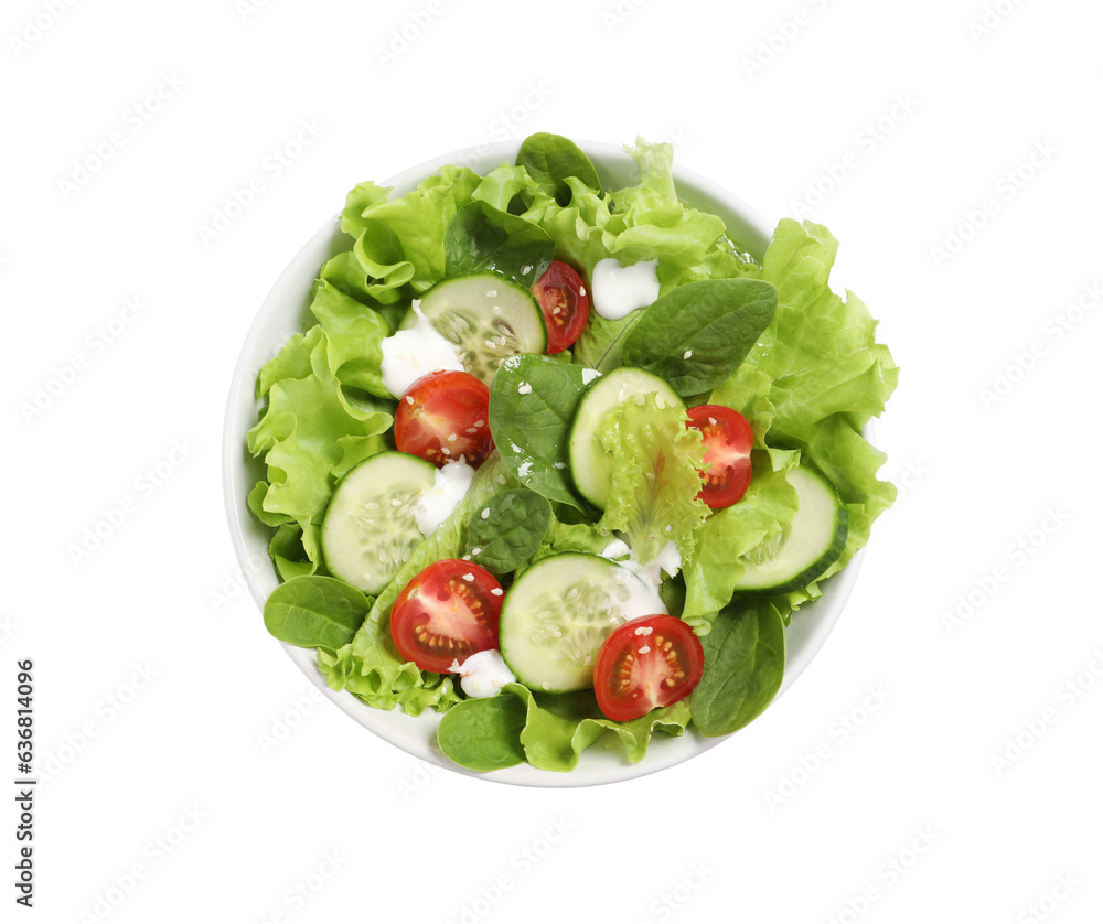 Delicious salad in bowl isolated on white, top view Delicious salad in bowl isolated on white, top view