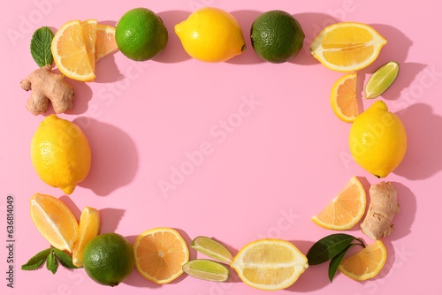 Frame made of ingredients for preparing lemonade on pink background