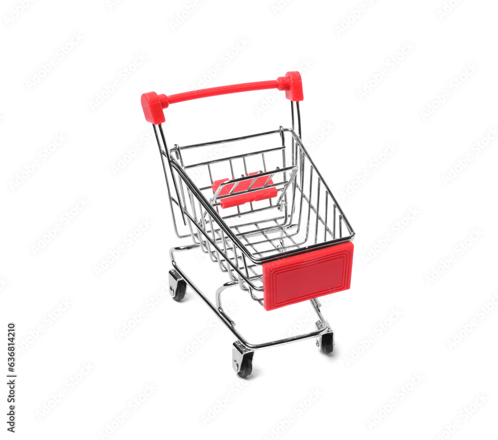 Empty mini metal shopping cart isolated on white Empty mini metal shopping cart isolated on white