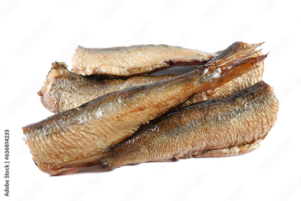 Three tasty canned sprats isolated on white