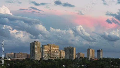 An evening view of the Brampton City from the ski slope at Chinguacousy Park in Ontario
