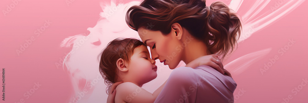 Mother and child on a pink background embracing, Mothers day concept, generative AI Mother and child on a pink background embracing, Mothers day concept, generative AI