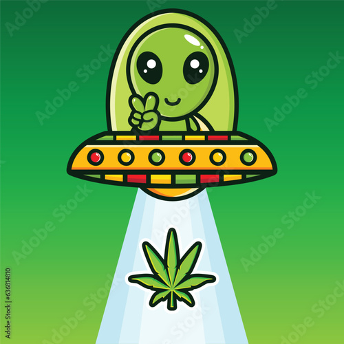 cute alien riding a ufo picking up cannabis