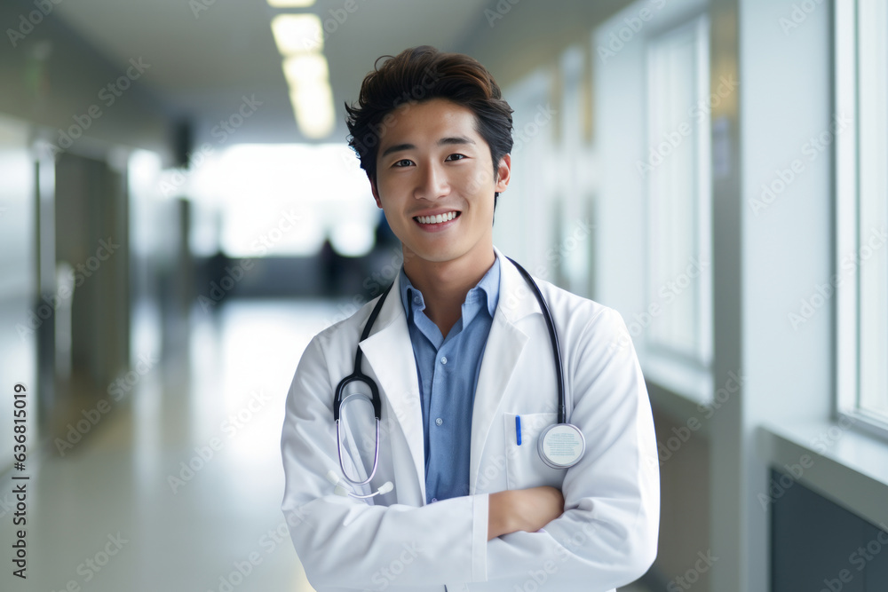 Portrait of a smiling young asian doctor in a hospital hallway, generative AI Portrait of a smiling young asian doctor in a hospital hallway, generative AI