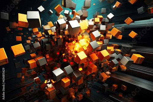 Abstract structure of cubes and particles, perfect for technology-themed projects.
