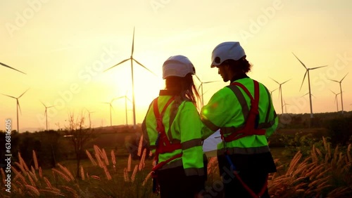 Two electrical engineer technicians, men and women work on energy using wind turbines to generate electricity that is clean and environmentally friendly consulting blueprints for maintenance checks. photo