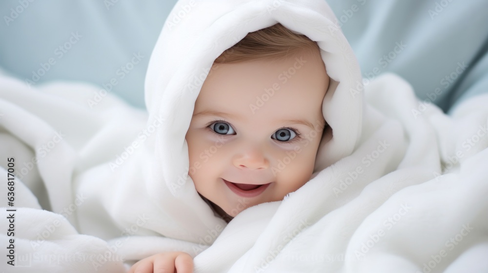Baby with blue eyes, covered in white blanket. Generative AI. Baby with blue eyes, covered in white blanket. Generative AI.